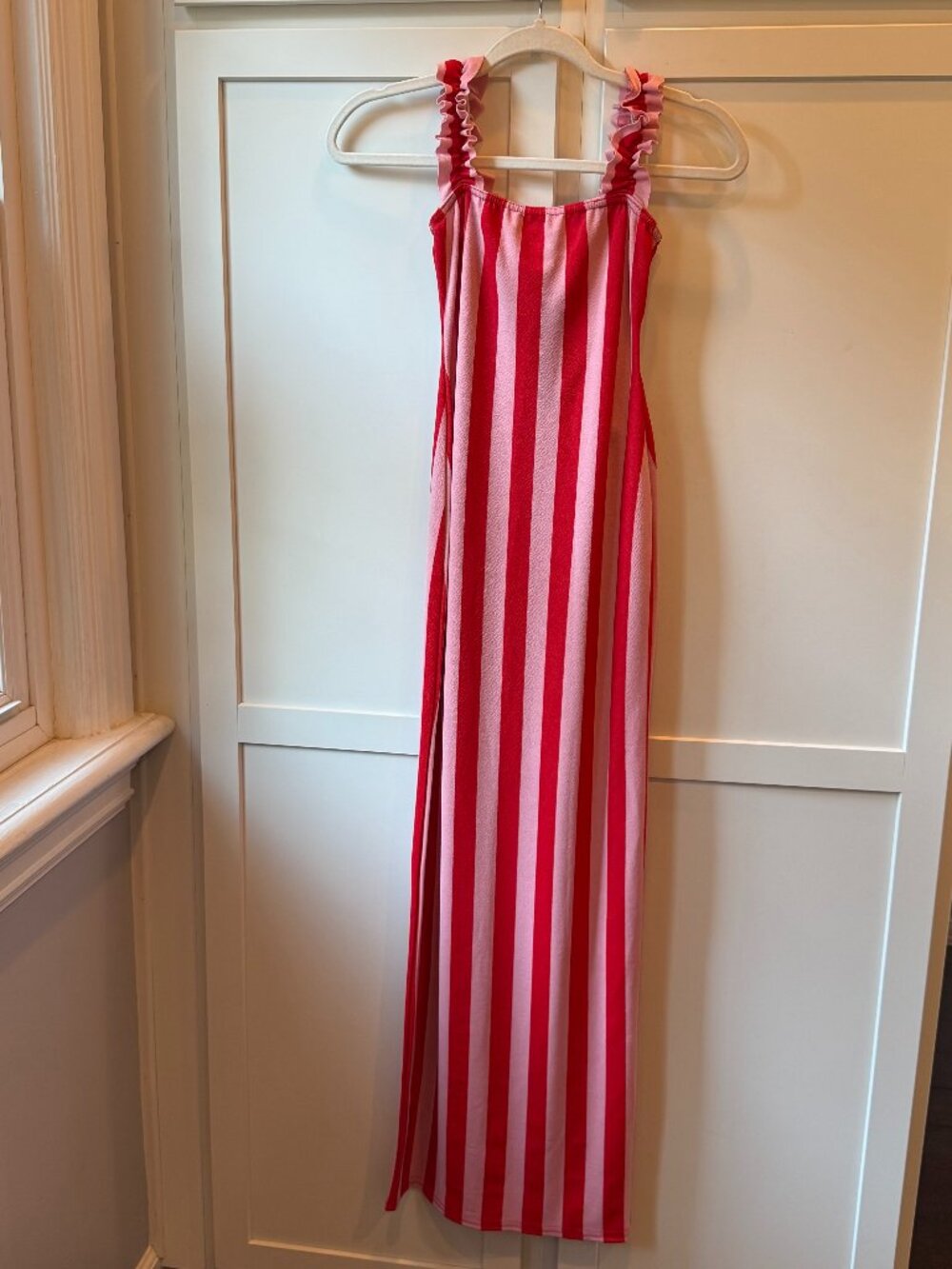 Boohoo Womens Ruffle Strap Jersey Maxi Dress Size 0 Pink Red Striped NWT